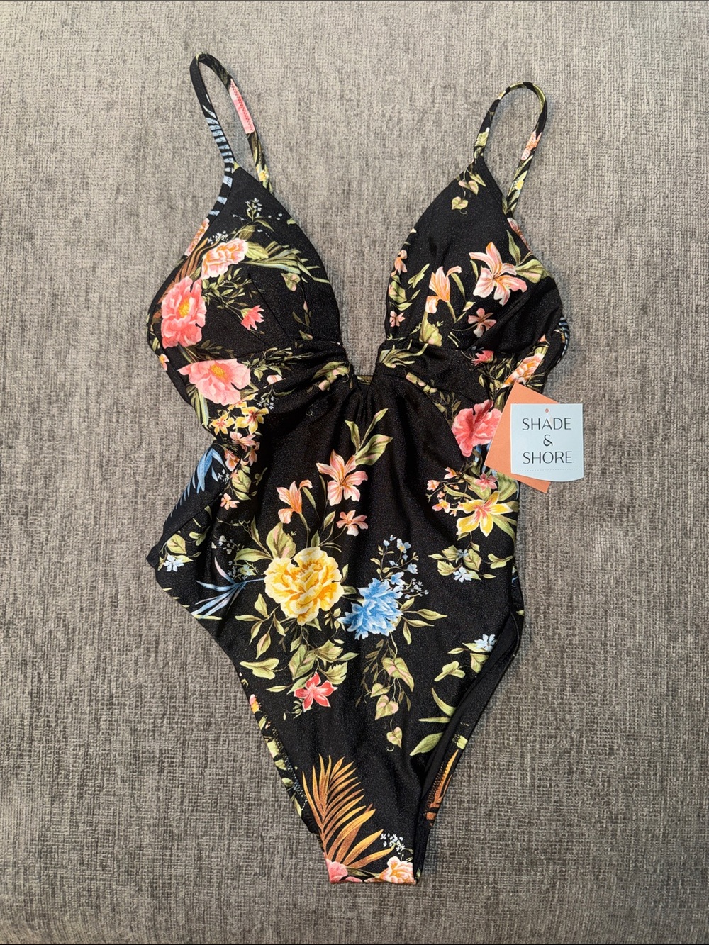 Medium Shade & Shore Black Floral One-Piece Swimsuit with Multicolor Blooms NEW